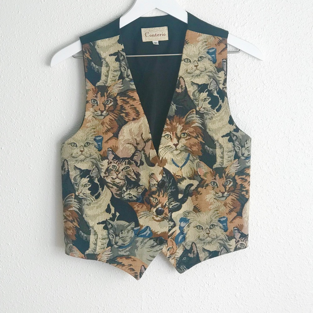 Vintage Cat Motif Tapestry Vest